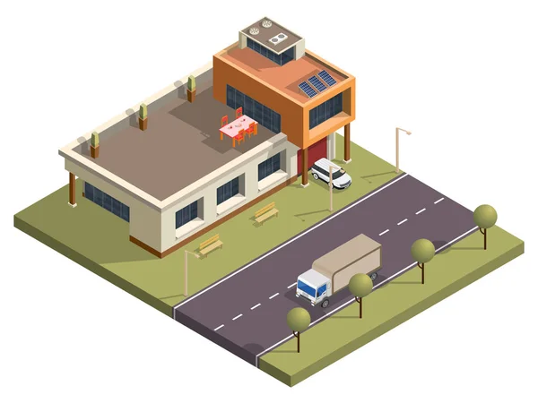 Isometric Modern Building with Garden View in Front of Transport — 스톡 벡터