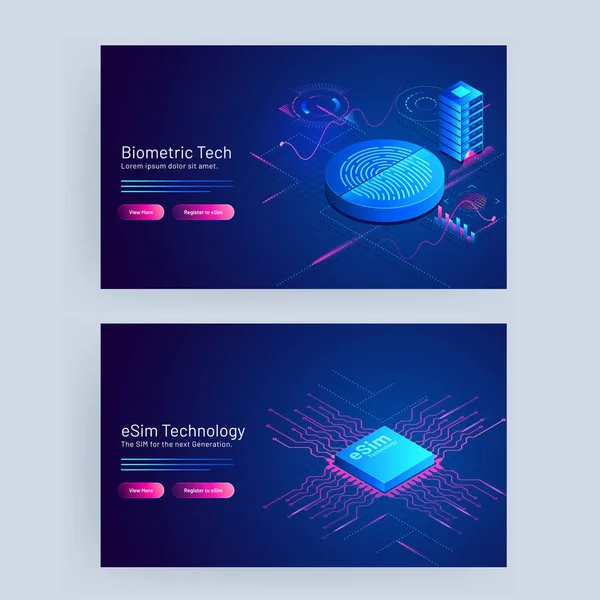 Tecnologia biometrica e tecnologia eSim Concept Based Web Banner Desi — Vettoriale Stock