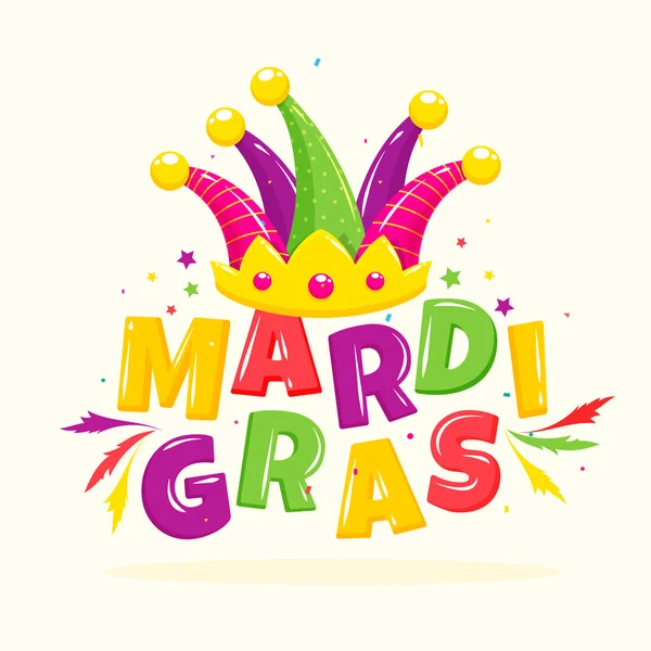 Lesklý barevný Mardi Gras Text s Jester kloboukem, hvězdami a feath — Stockový vektor