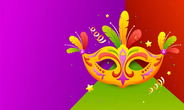 Illustratie van Party Mask met veer en confetti op Kleurrijk — Stockvector