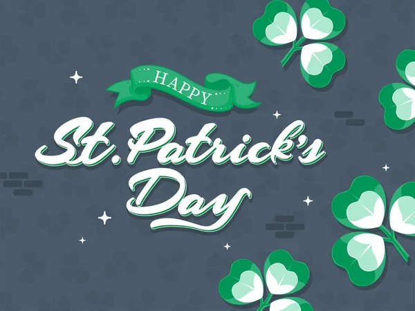 Happy St. Patrick 's Day Font on Shamrock Leaves Grey Background. — Stockový vektor