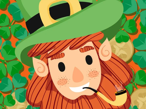 Cartoon Leprechaun Face with Smoking Pipe, Coins and Shamrock Le — Stock Vector