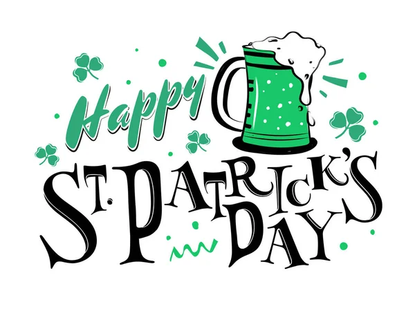 Stylish Lettering of Happy St. Patrick's Day with Beer Mug and S — 스톡 벡터