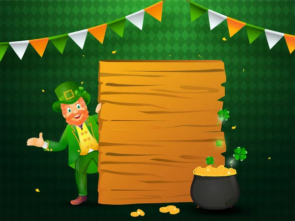 Felice Leprechaun uomo personaggio con bordo di legno vuoto e oro — Vettoriale Stock