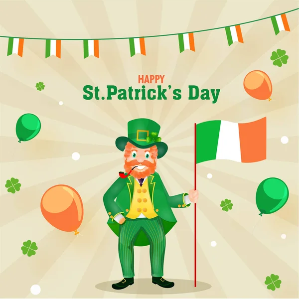 Веселий чоловік з курінням тримає ірландський національний прапор — стоковий вектор