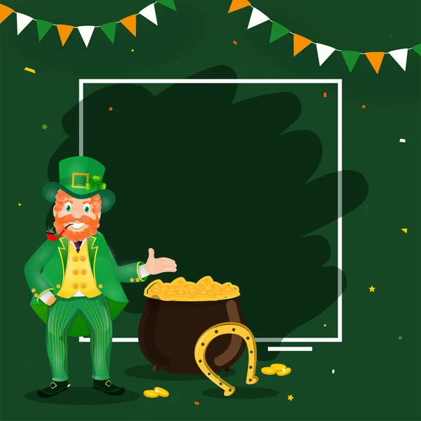 Cheerful Leprechaun Man with Smoking Pipe, Horseshoe and Golden — Stock Vector