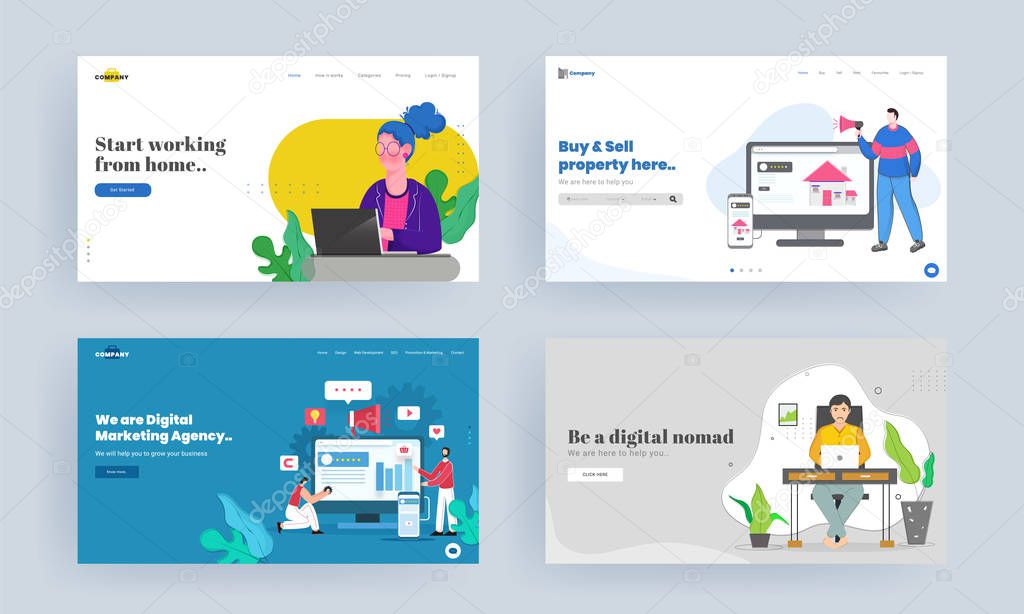 Set of Landing page design for Start working from home, Buy & Se