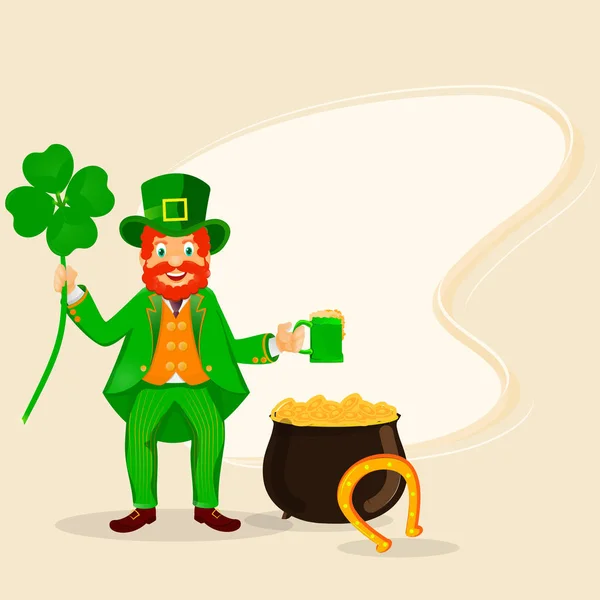 Cheerful Leprechaun Man Celebrating with Drink, Shamrock Leaf, H — Stock Vector