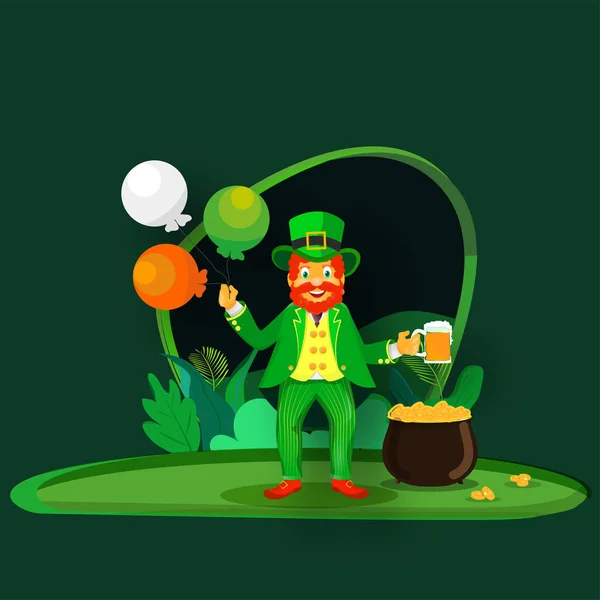 Cartoon Leprechaun uomo godendo con bevande, tenendo irlandese Trico — Vettoriale Stock