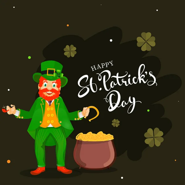 Cheerful Leprechaun Man Character holding Smoking Pipe with Hors — Stock Vector