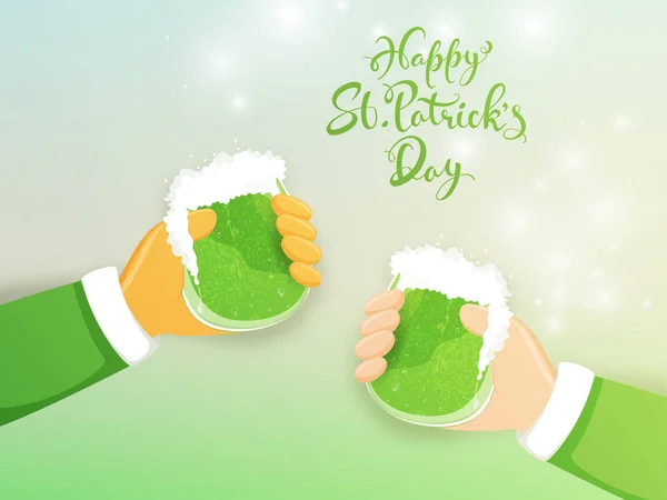 Happy St. Patrick's Day Font with Hands holding Beer Glass on Gr — Stock Vector