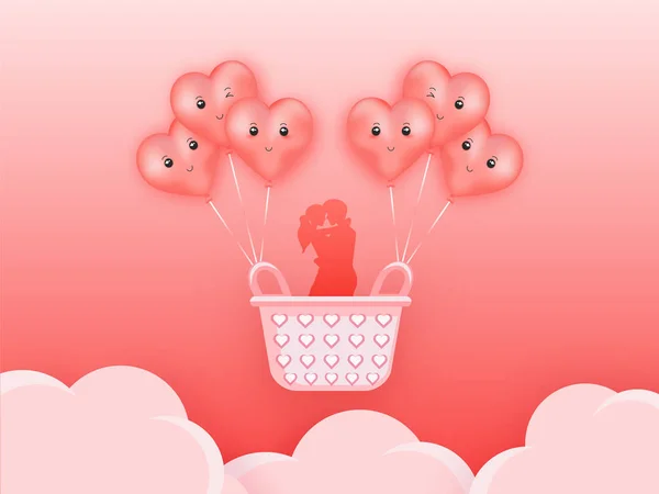 Silhouette Loving Couple Flying in Basket hanging from Heart Sha — Stock Vector