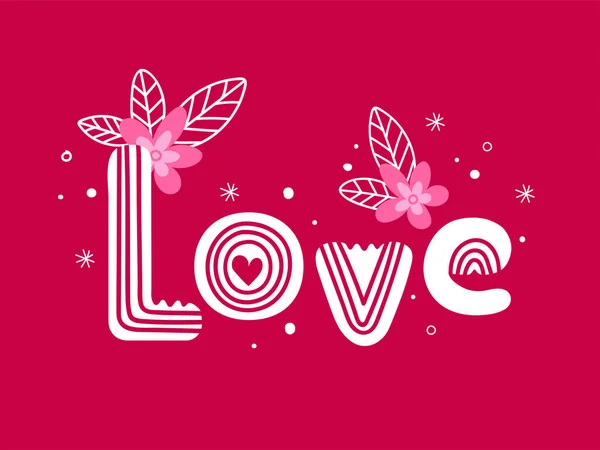 Testo d'amore creativo in colore bianco con fiori sul retro rosa — Vettoriale Stock