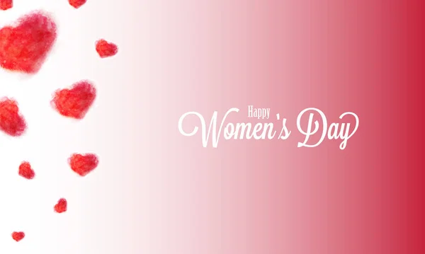 Calligraphy Happy Women's Day Text with Red Watercolor Hearts on — 스톡 벡터