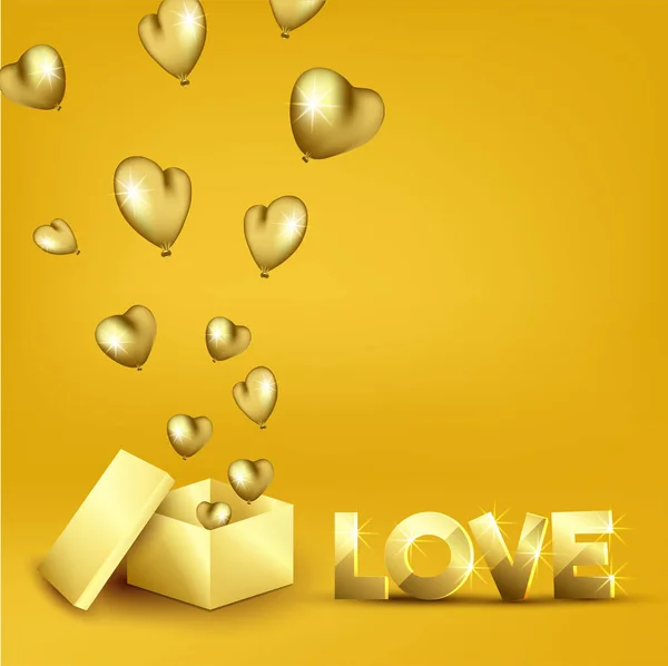 Texto de amor dourado 3D com efeito de luz e balões cardíacos Popping — Vetor de Stock