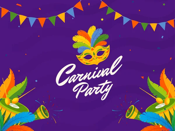 Karneval Party plakát design s barevnou maskou, peří, buben a — Stockový vektor