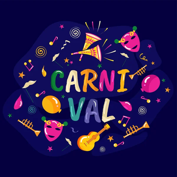 Texto colorido del carnaval con instrumento de música, máscara, globo, Mus — Vector de stock