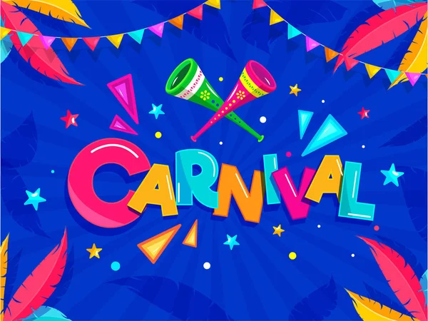 Texte coloré de carnaval avec corne de fête, étoile, élément géométrique — Image vectorielle