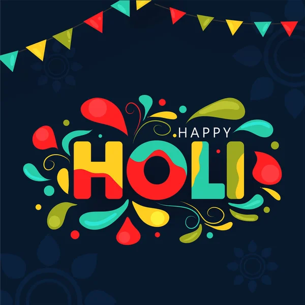 Gocce d'arco colorate decorato felice Holi testo su Blue Mandala Bac — Vettoriale Stock