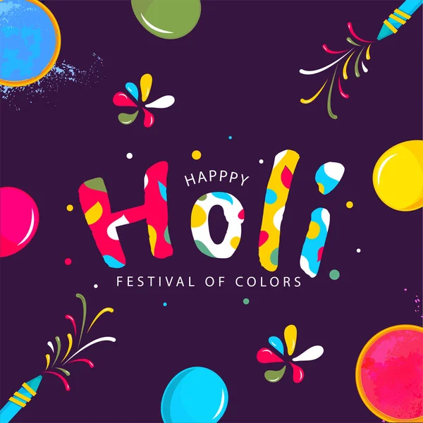 Creative Stylish Happy Holi Text with Top View Color Bowls, Ball — Stockový vektor
