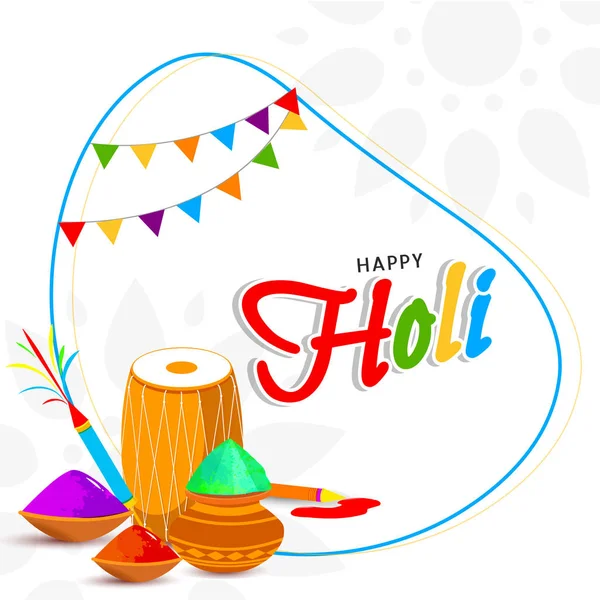 Felice celebrazione Holi sfondo con tamburo (Dholak), pistola a colori , — Vettoriale Stock
