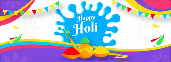 Happy Holi Celebration Background cu boluri de culoare, oală de noroi și — Vector de stoc