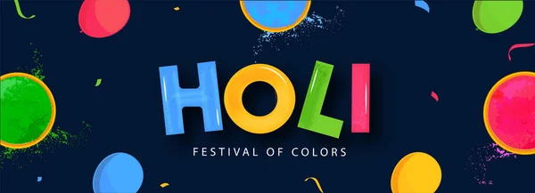Holi Festival de Colores Texto con vista superior de los cuencos de color y Ba — Vector de stock