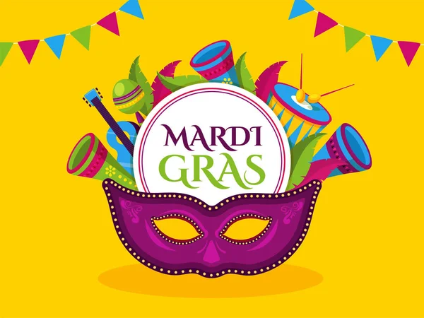 Texto Mardi Gras em Moldura Circular com Máscara de Festa, Pena e M — Vetor de Stock