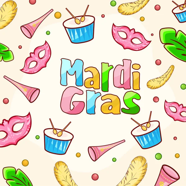 Doodle Style Colorful Mardi Gras Text with Drum, Party Mask, Fea — 스톡 벡터