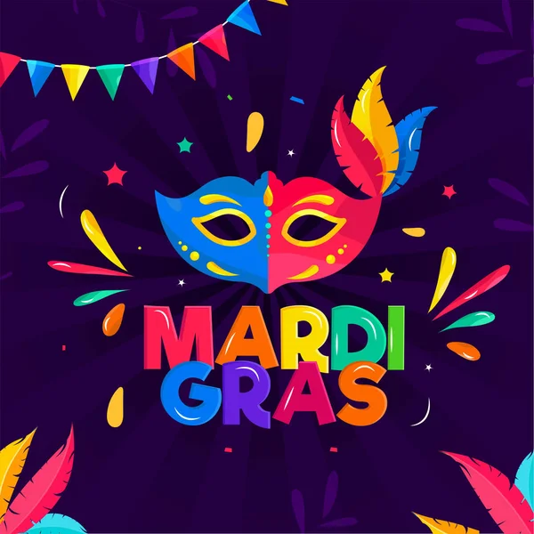 色彩艳丽的Mardi Gras文字，带有党的面具、羽毛和黄油 — 图库矢量图片