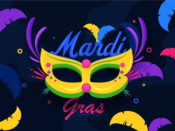 Calligraphy Mardi Gras Text with Party Mask and Colorful Feather — 스톡 벡터