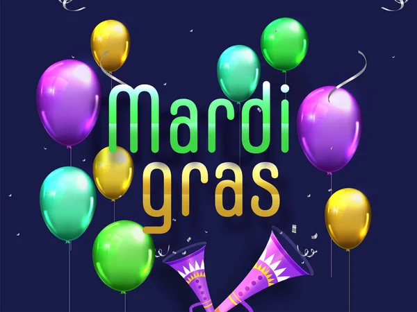 Mardi Gras szöveg színes fényes lufikkal, hangszóróval és Si — Stock Vector