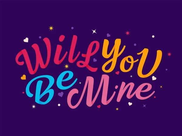 Colorful Will You Be Mine Font Decorated with Tiny Hearts on Pur — Stock Vector