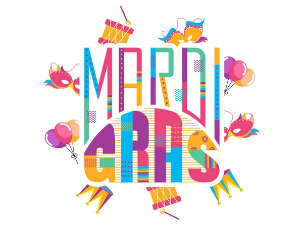 Creative Colorful Mardi Gras Text Decorated with Party Mask, Jes — 스톡 벡터