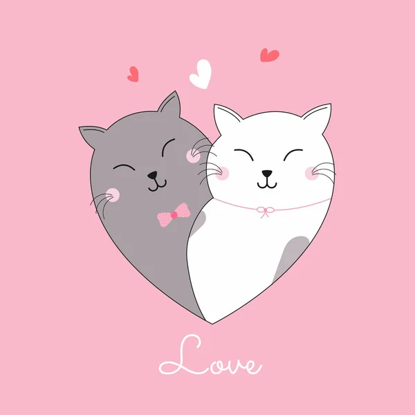 Loving Cartoon Cat Couple on Pink Background for Love Concept. — Stock Vector