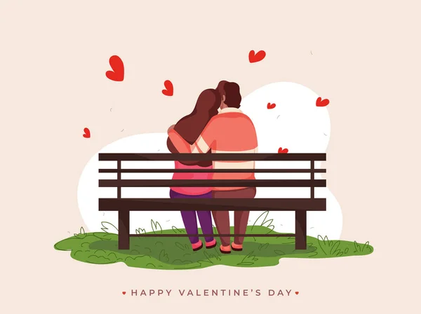 Rückansicht eines jungen Paares, das sich auf einer Bank umarmt, um einen glücklichen Valentinstag zu feiern — Stockvektor