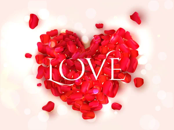 Love Text on Heart Shape Realizzato da Red Rose Petals con effetto Bokeh — Vettoriale Stock