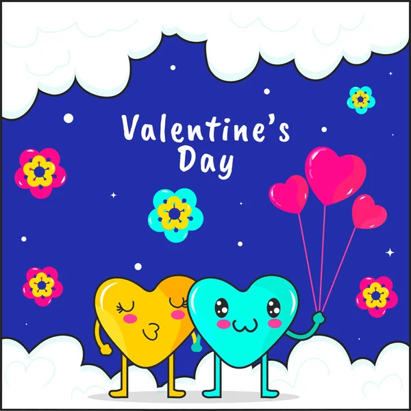Pareja de corazones de dibujos animados con globos y flores decoradas en Clo — Vector de stock