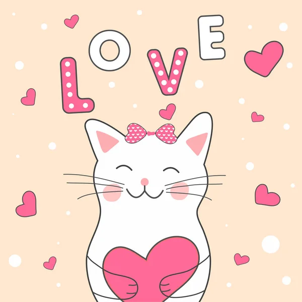 Love Text with Cartoon Cat holding Pink Heart on Light Peach Bac — 스톡 벡터