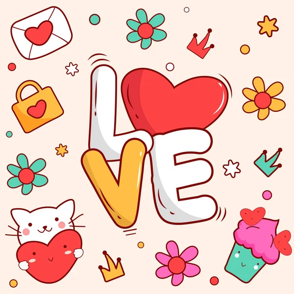 Doodle Style Love Text with Heart, Envelope, Bolsa, Coroa, Copa — Vetor de Stock