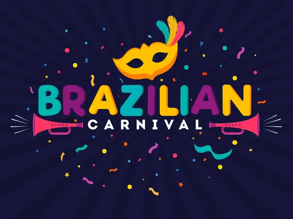 Farbenfroher brasilianischer Karnevalstext mit Partymaske, Trompete und Co — Stockvektor