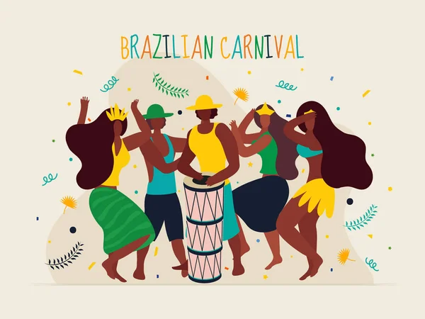 Brasilianische Menschen tanzen mit Trommelinstrument auf weißem Hintergrund — Stockvektor