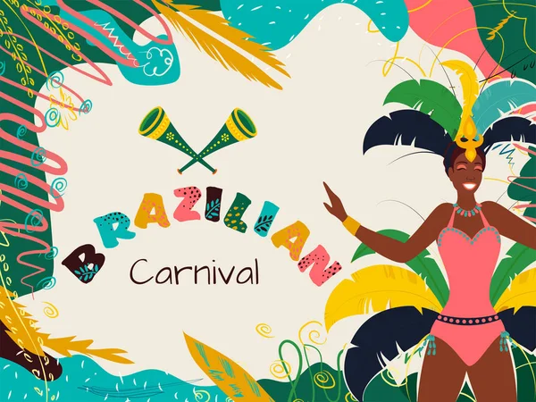 Samba-Tänzerin mit Partyhorn auf kreativem bunten Abstrakt — Stockvektor