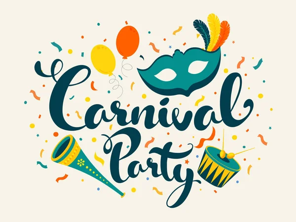 Carnival Party Font with Mask, Balloons, Music Instruments and C — 스톡 벡터