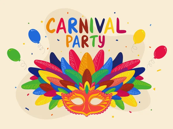 Colorful Carnival Party Text with Mask with Feathers and Balloon — 스톡 벡터