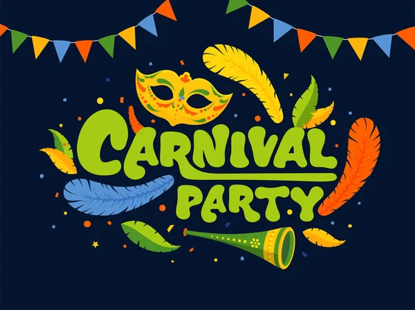 Green Carnival Party Font with Mask, Party Horn, Feathers, Confe — 스톡 벡터