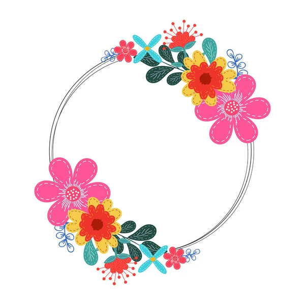 Doodle Style Flowers and Leaves Decorated Circular Frame on Whit — 스톡 벡터