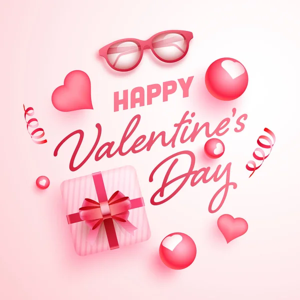 Top View of Happy Valentine's Day Font Decorated with 3D Gift Bo — Stock Vector