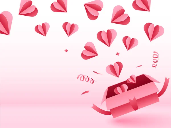Papier Coeurs coupés surgissant de boîte-cadeau avec rubans sur brillant — Image vectorielle