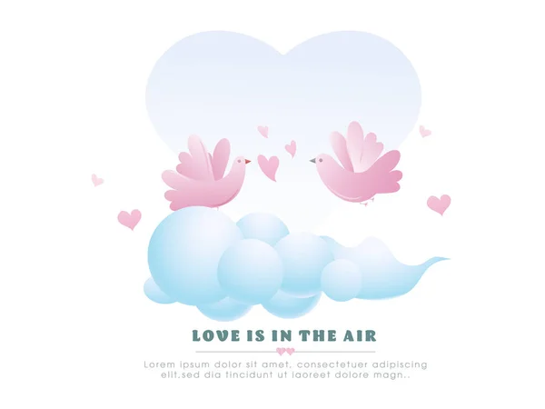 Casal de pássaros rosa com corações e nuvem azul em fundo branco —  Vetores de Stock